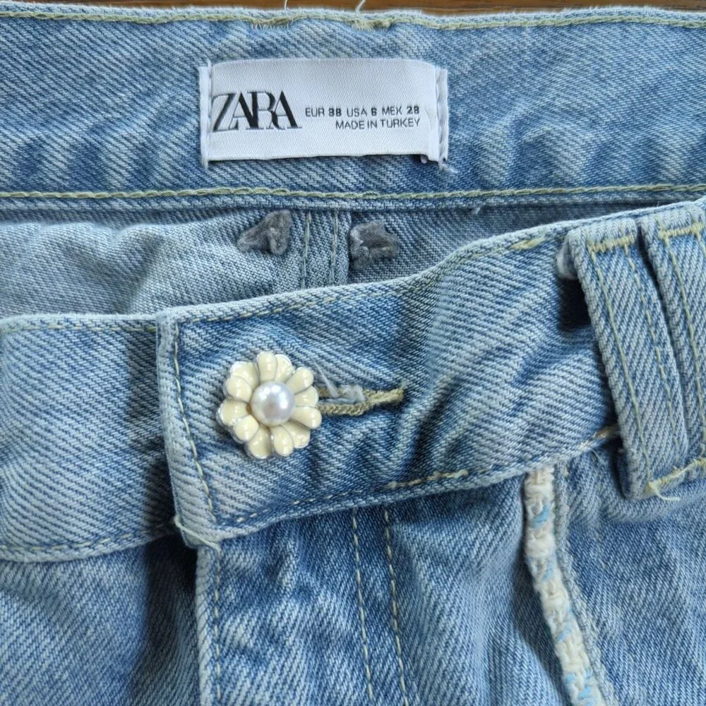 Zara Women's Jeans sz 6 / 28 blue Jeans High Rise Tweed Trim Straight Leg - Picture 7 of 12